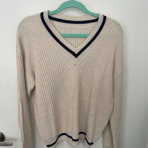 Frenchy Striped Trim Drop Shoulder Cricket Sweater